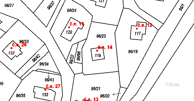 Rašovice 14, Klášterec nad Ohří na parcele st. 119 v KÚ Rašovice u Klášterce nad Ohří, Katastrální mapa