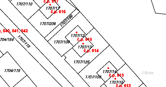 Miřetice u Klášterce nad Ohří 614, Klášterec nad Ohří na parcele st. 1707/13 v KÚ Miřetice u Klášterce nad Ohří, Katastrální mapa