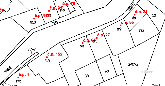 Týn 85, Třebíč na parcele st. 9/1 v KÚ Týn u Třebíče, Katastrální mapa