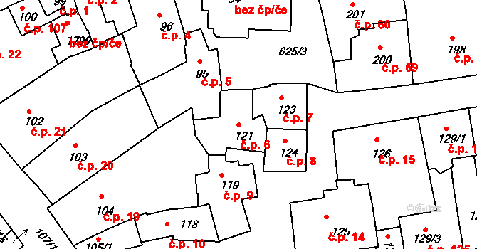 Zámostí 6, Třebíč na parcele st. 121 v KÚ Podklášteří, Katastrální mapa