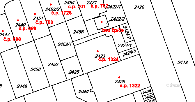 Černá Pole 1324, Brno na parcele st. 2423 v KÚ Černá Pole, Katastrální mapa