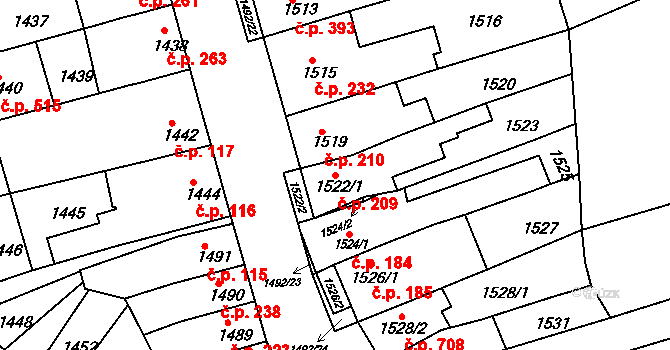 Obřany 209, Brno na parcele st. 1522/1 v KÚ Obřany, Katastrální mapa