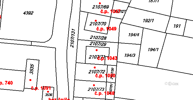 Komín 1043, Brno na parcele st. 2107/71 v KÚ Komín, Katastrální mapa