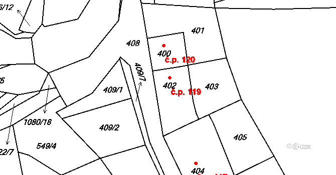 Čelkovice 119, Tábor na parcele st. 402 v KÚ Čelkovice, Katastrální mapa