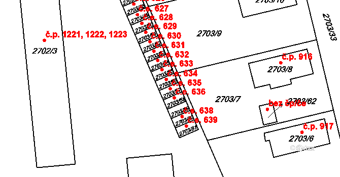 Pelhřimov 635 na parcele st. 2703/57 v KÚ Pelhřimov, Katastrální mapa
