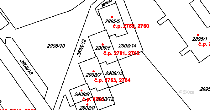 Teplice 2761,2762 na parcele st. 2908/5 v KÚ Teplice, Katastrální mapa