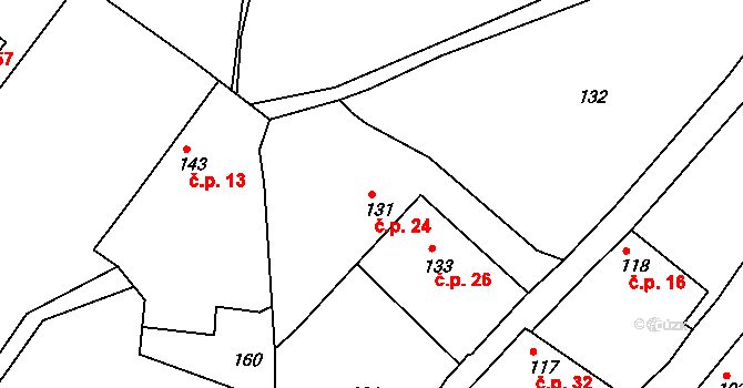 Skuhrov 24, Velký Borek na parcele st. 131 v KÚ Skuhrov u Mělníka, Katastrální mapa