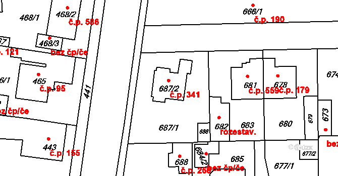 Písnice 341, Praha na parcele st. 687/2 v KÚ Písnice, Katastrální mapa