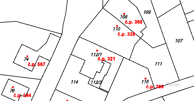 Řeporyje 321, Praha na parcele st. 112/1 v KÚ Řeporyje, Katastrální mapa