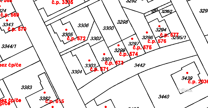 Záběhlice 573, Praha na parcele st. 3301 v KÚ Záběhlice, Katastrální mapa