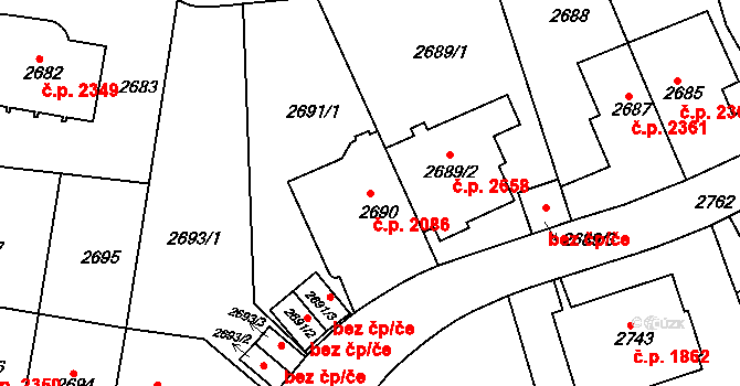 Smíchov 2086, Praha na parcele st. 2690 v KÚ Smíchov, Katastrální mapa