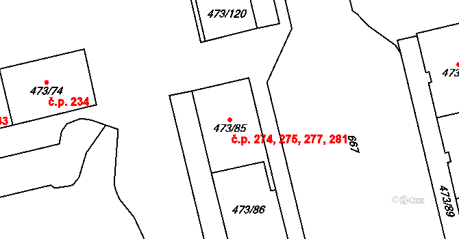 Veleslavín 274,275,277,281, Praha na parcele st. 473/85 v KÚ Veleslavín, Katastrální mapa