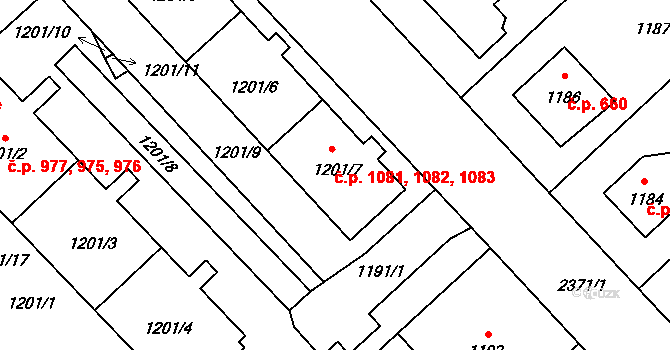 Suchdol 1081,1082,1083, Praha na parcele st. 1201/7 v KÚ Suchdol, Katastrální mapa