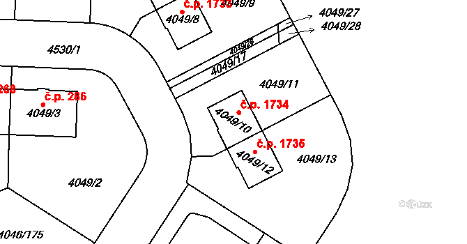 Strašnice 1734, Praha na parcele st. 4049/10 v KÚ Strašnice, Katastrální mapa