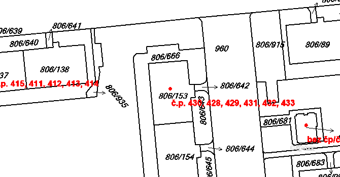 Malešice 428,429,430,431,432,, Praha na parcele st. 806/155 v KÚ Malešice, Katastrální mapa