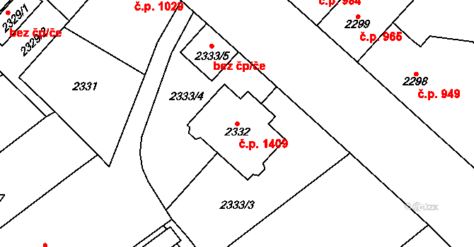 Chomutov 1409 na parcele st. 2332 v KÚ Chomutov I, Katastrální mapa