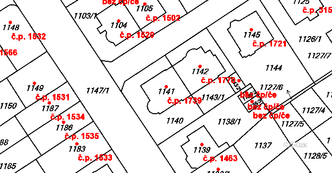Chomutov 1739 na parcele st. 1141 v KÚ Chomutov I, Katastrální mapa