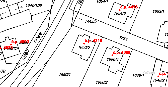 Chomutov 4315 na parcele st. 1650/3 v KÚ Chomutov I, Katastrální mapa