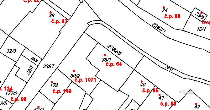 Rosice 64 na parcele st. 39/1 v KÚ Rosice u Brna, Katastrální mapa