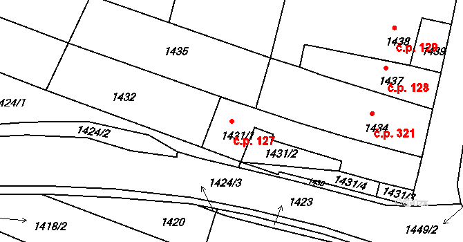 Střelice 127 na parcele st. 1431/1 v KÚ Střelice u Brna, Katastrální mapa