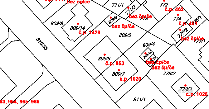 Doubravka 953, Plzeň na parcele st. 809/6 v KÚ Doubravka, Katastrální mapa