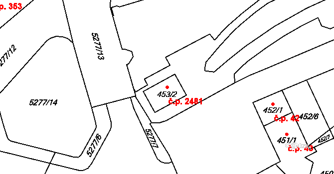 Východní Předměstí 2481, Plzeň na parcele st. 453/2 v KÚ Plzeň, Katastrální mapa