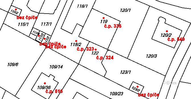 Újezd 324, Plzeň na parcele st. 122 v KÚ Újezd, Katastrální mapa