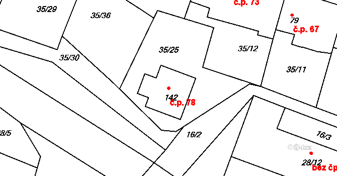 Tuchoraz 78 na parcele st. 142 v KÚ Tuchoraz, Katastrální mapa