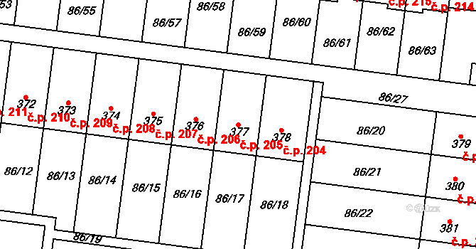 Krasice 205, Prostějov na parcele st. 377 v KÚ Krasice, Katastrální mapa