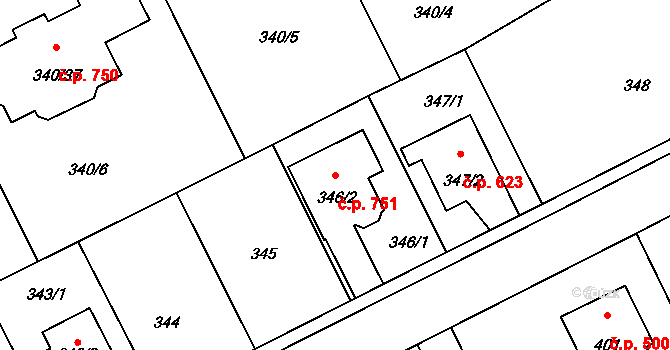 Průhonice 751 na parcele st. 346/2 v KÚ Hole u Průhonic, Katastrální mapa