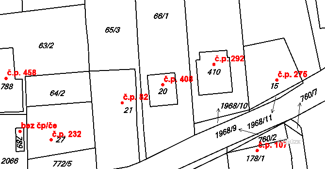 Louky 408, Zlín na parcele st. 20 v KÚ Louky nad Dřevnicí, Katastrální mapa