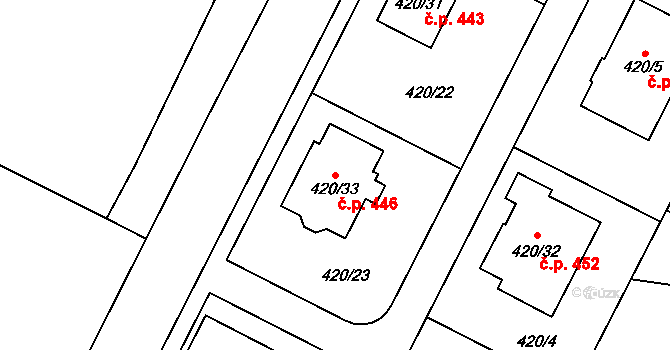Slavonín 446, Olomouc na parcele st. 420/33 v KÚ Slavonín, Katastrální mapa