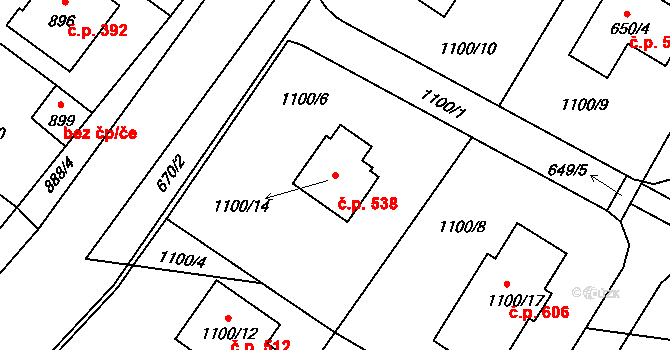 Hřebeč 538 na parcele st. 1100/14 v KÚ Hřebeč, Katastrální mapa