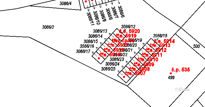 Střekov 5916, Ústí nad Labem na parcele st. 3086/16 v KÚ Střekov, Katastrální mapa