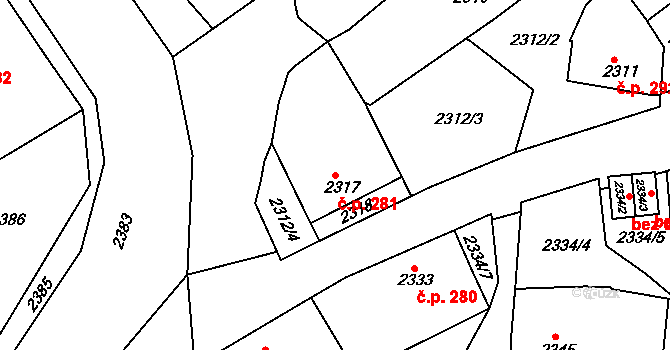 Jemnice 281 na parcele st. 2317 v KÚ Jemnice, Katastrální mapa