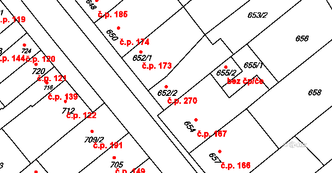 Pustiměřské Prusy 270, Pustiměř na parcele st. 652/2 v KÚ Pustiměř, Katastrální mapa