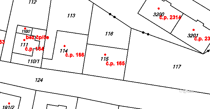 Výškovice 165, Ostrava na parcele st. 115 v KÚ Výškovice u Ostravy, Katastrální mapa