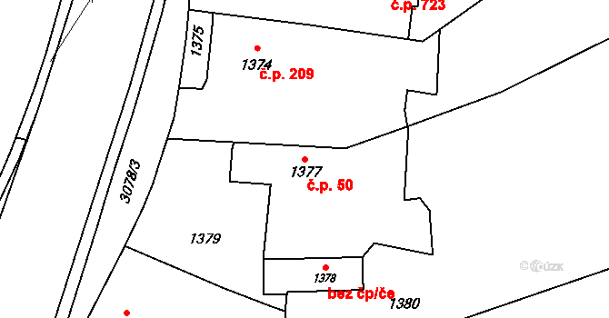 Svinov 50, Ostrava na parcele st. 1377 v KÚ Svinov, Katastrální mapa