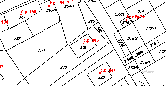Pohořelice 265 na parcele st. 282 v KÚ Pohořelice u Napajedel, Katastrální mapa