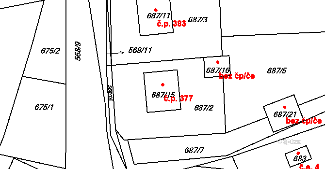 Zádveřice 377, Zádveřice-Raková na parcele st. 687/15 v KÚ Zádveřice, Katastrální mapa