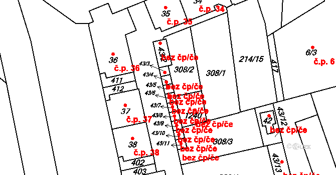 Pardubice 40438431 na parcele st. 43/5 v KÚ Semtín, Katastrální mapa