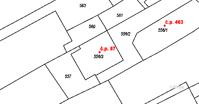 Buchlovice 57 na parcele st. 556/3 v KÚ Buchlovice, Katastrální mapa