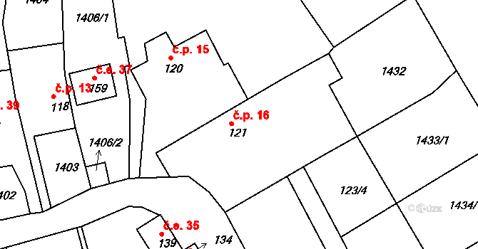 Pocheň 16, Brumovice na parcele st. 121 v KÚ Úblo, Katastrální mapa