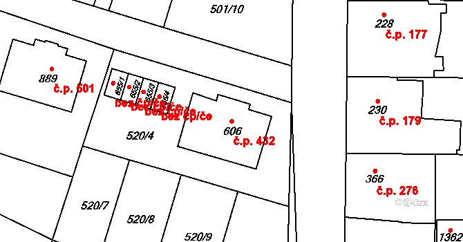 Horní Bříza 432 na parcele st. 606 v KÚ Horní Bříza, Katastrální mapa