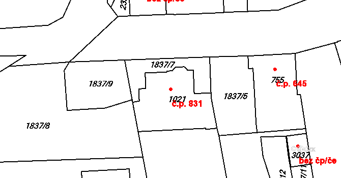 Slaný 831 na parcele st. 1021 v KÚ Slaný, Katastrální mapa