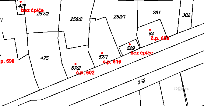 Rudná 616 na parcele st. 57/1 v KÚ Hořelice, Katastrální mapa