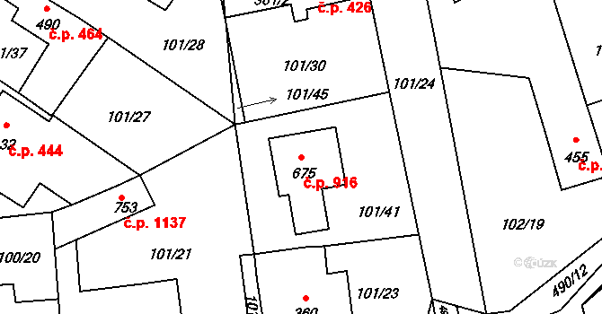 Rudná 916 na parcele st. 675 v KÚ Dušníky u Rudné, Katastrální mapa