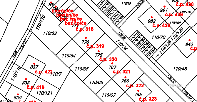 Dolní Jirčany 320, Psáry na parcele st. 775 v KÚ Dolní Jirčany, Katastrální mapa