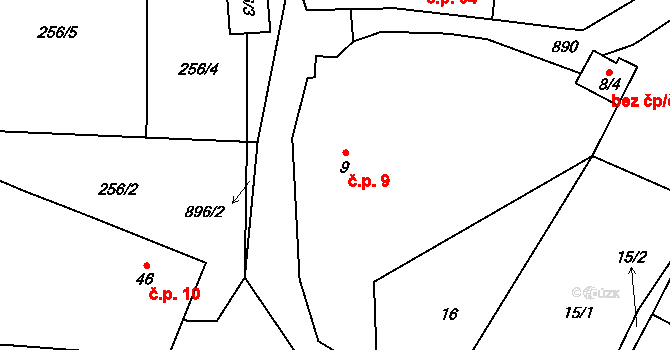 Mokrosuky 9 na parcele st. 9 v KÚ Mokrosuky, Katastrální mapa