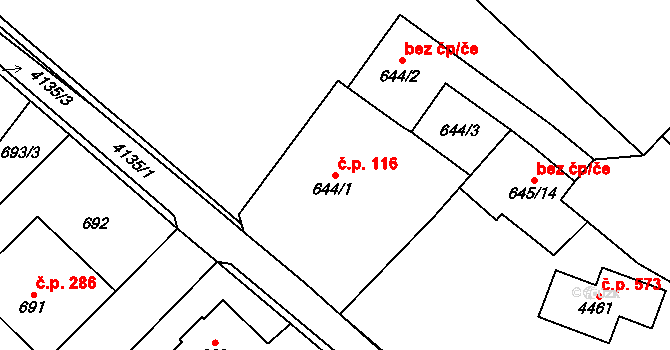 Jakubské Předměstí 116, Jaroměř na parcele st. 644/1 v KÚ Jaroměř, Katastrální mapa